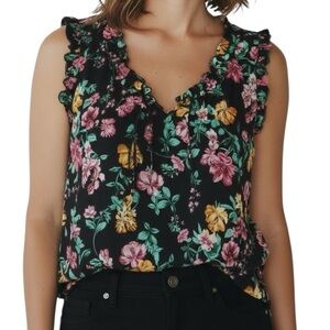 NWT WHBM Black Floral Print Sleeveless Ruffle Tie Front Blouse Size Medium